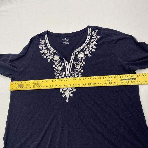 Talbots Navy Blue Top Split Neck Embroidered Cotton Blend Blouse 3X Petite - Picture 6 of 7